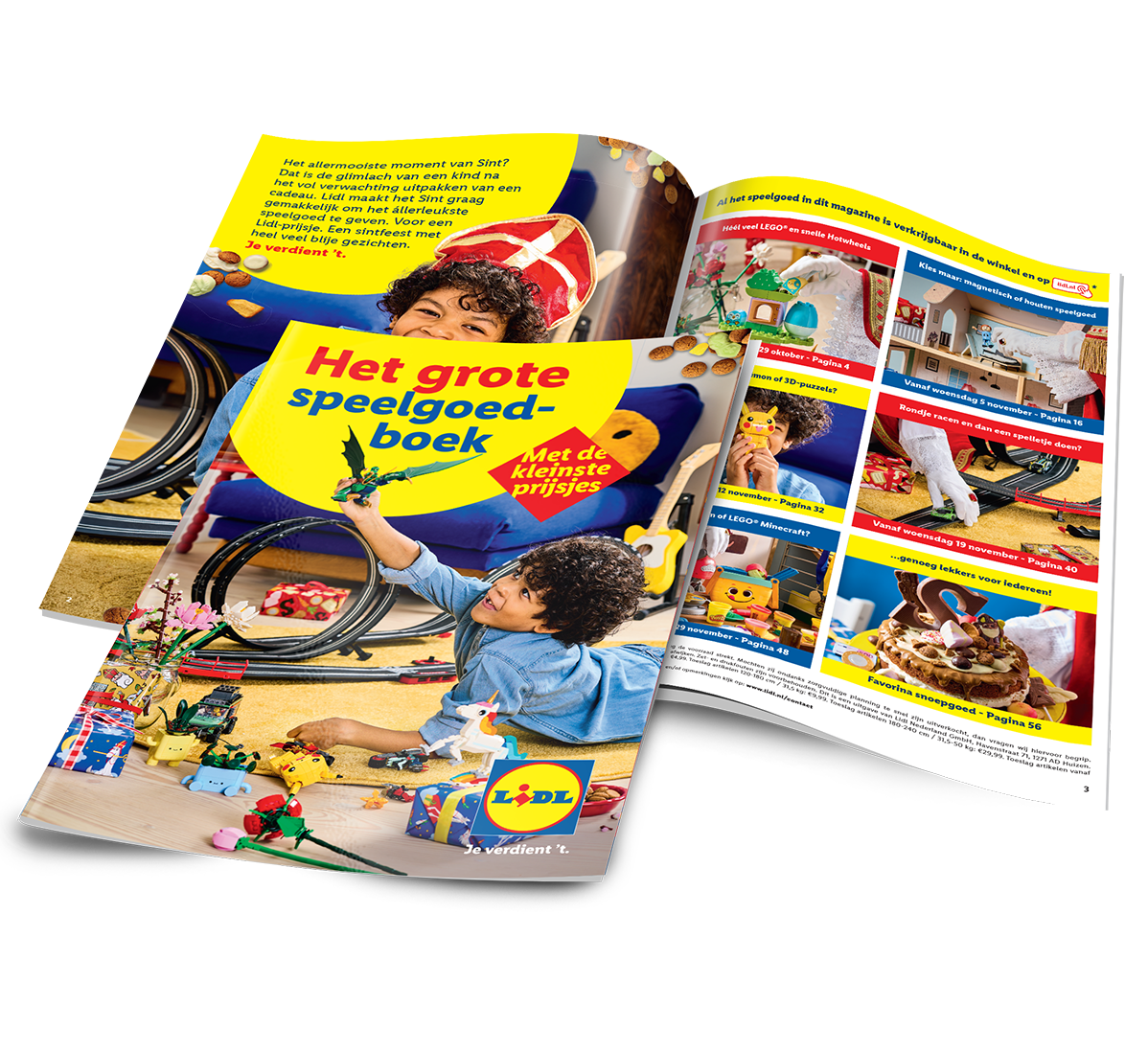 Lidl speelgoedboek met een jongen die speelt met een draak, LEGO en Hot Wheels, en een overzicht van aanbiedingen.