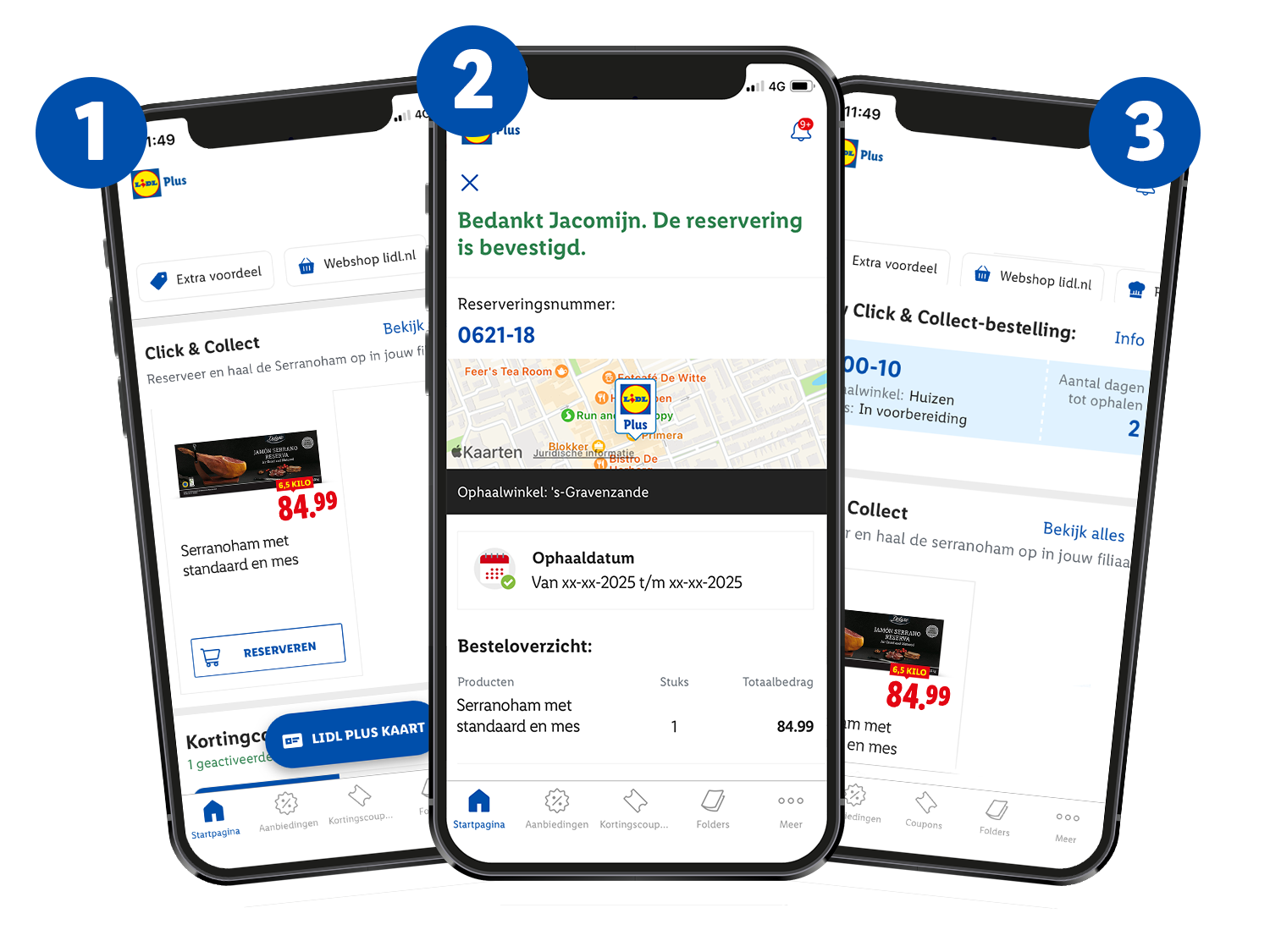 Drie smartphones tonen de Lidl Plus app met een Click & Collect bestelling van Serranoham.