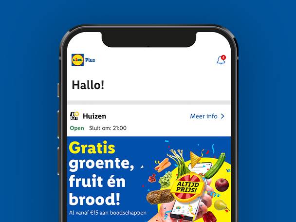 Een smartphone met een app die gratis groenten, fruit en brood aanbiedt bij besteding vanaf €15.