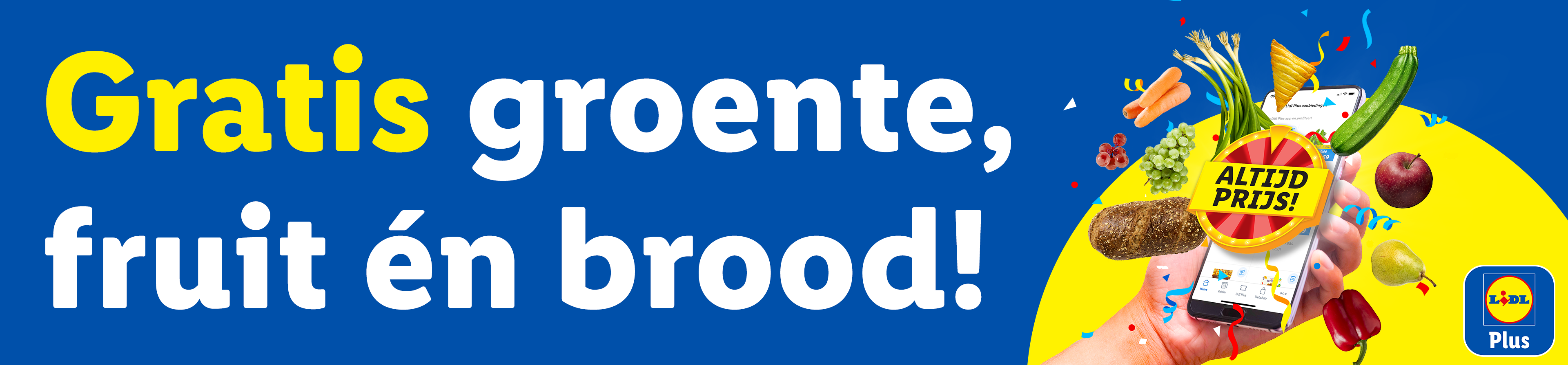 Een banner met de tekst 'Gratis groente, fruit én brood!' en afbeeldingen van groenten, fruit en brood.