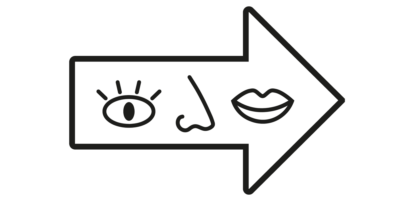 Een witte pijl met een oog, neus en mond, wijzend naar rechts.