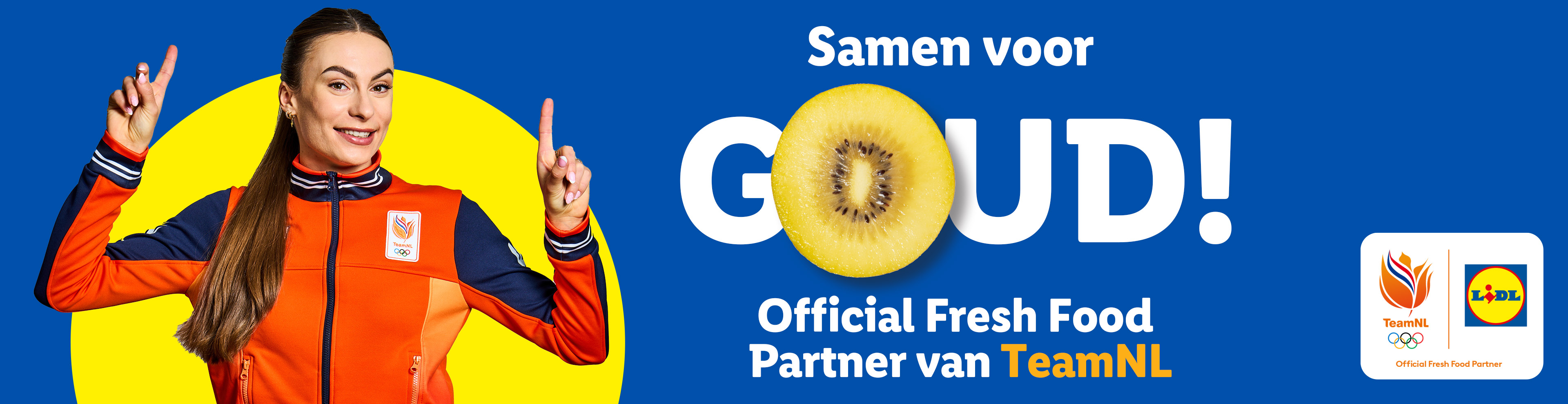 Lidl's TeamNL-partnerschap met een atlete en een kiwi, met de tekst 'Samen voor GOUD!'