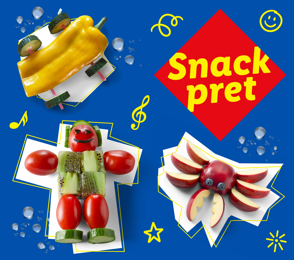 Creatieve snacks van groenten en fruit, waaronder een paprika-auto en appel-octopus, met de tekst 'Snack pret'.