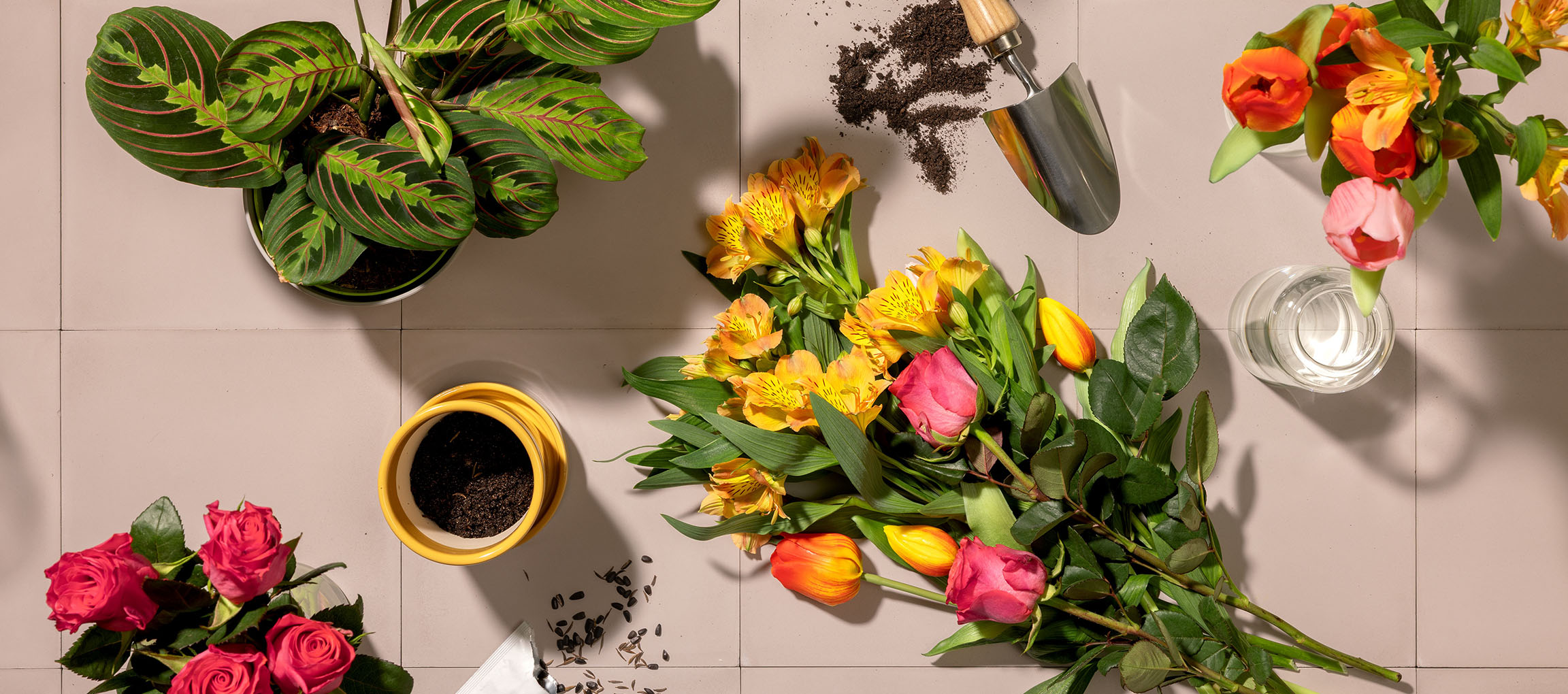Verse bloemen, potplant en tuingereedschap op een lichte achtergrond.