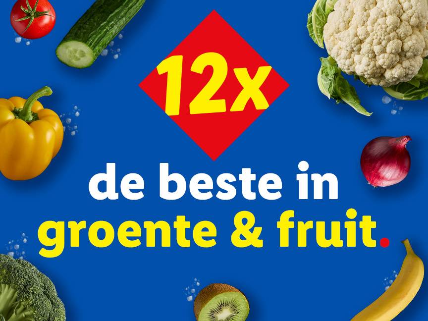Een assortiment groenten en fruit, met de tekst '12x de beste in groente & fruit'.