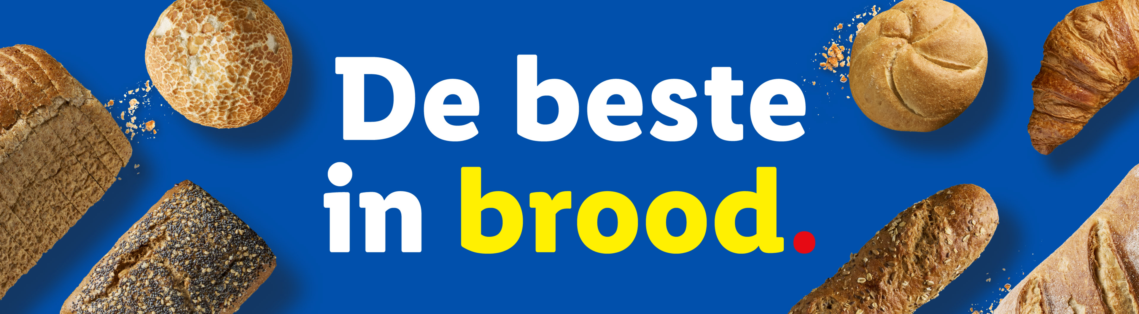 Diverse broodproducten op een blauwe achtergrond met de tekst 'De beste in brood'.