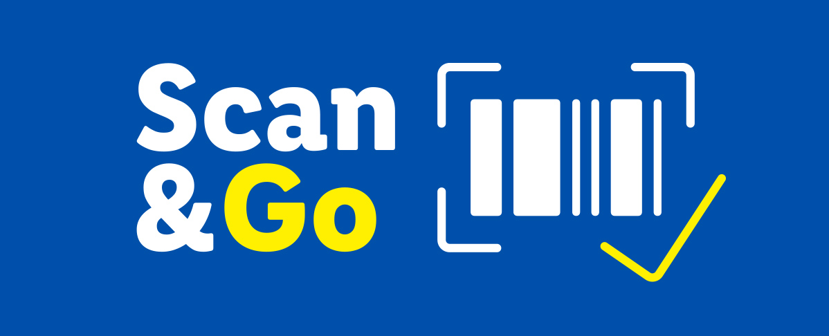 Een logo met de tekst 'Scan & Go' en een barcode-icoon met een vinkje.