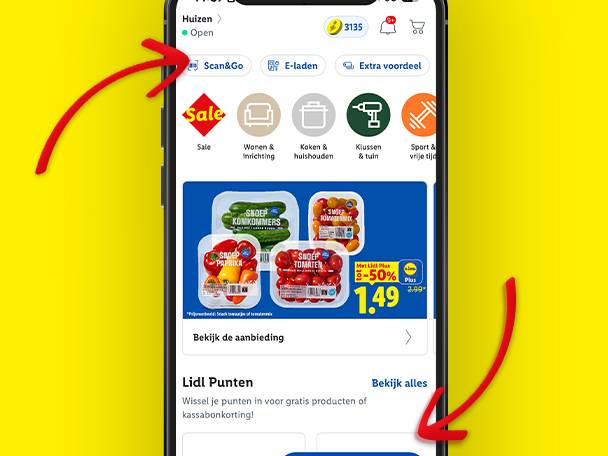 Mobiele app met aanbiedingen voor groenten zoals komkommers, paprika's en tomaten, en een puntensysteem.