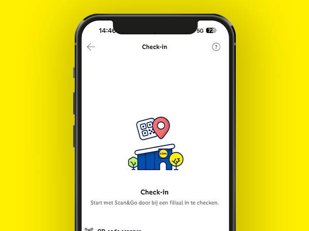 Een smartphone met een app voor inchecken in een winkel, met een QR-code en een locatiepin.
