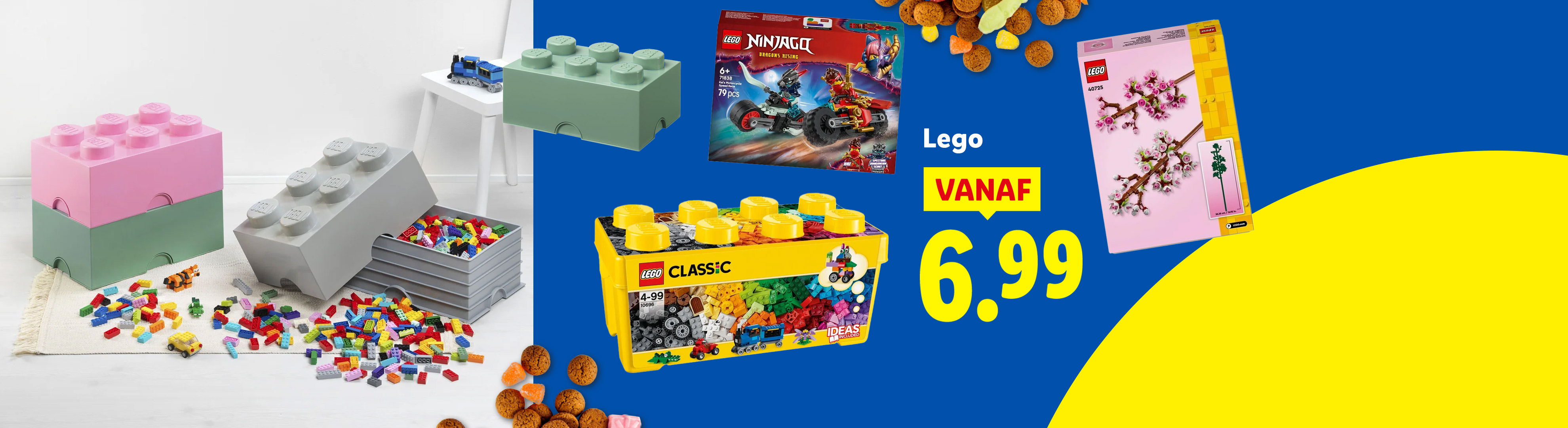Lego Ninjago, Classic en bloemenbouwsets, met Lego opbergdozen en losse blokjes, vanaf 6,99 euro.