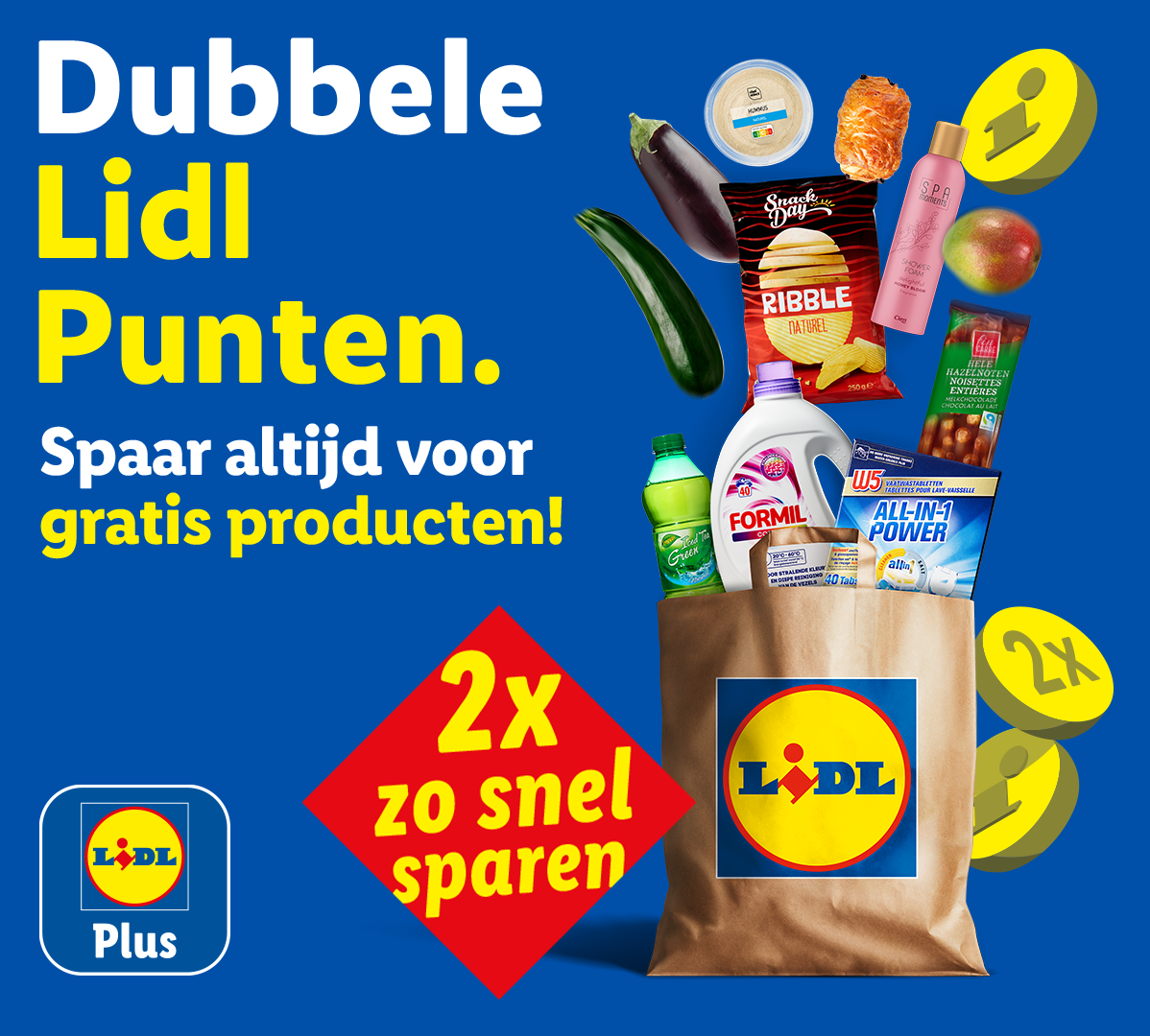 Nu twee keer zo snel sparen voor Lidl Punten. Spaar altijd voor Lidl Punten met Lidl Plus.