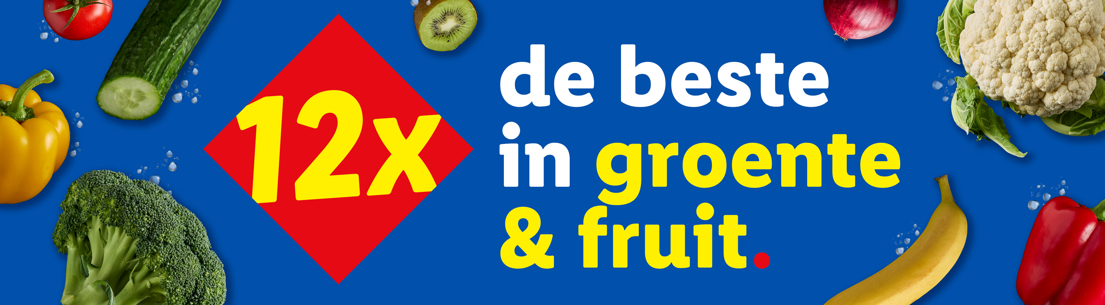 Groenten en fruit zoals komkommer, paprika, bloemkool, broccoli, tomaat, kiwi en banaan met de tekst '12x de beste in groente & fruit'.