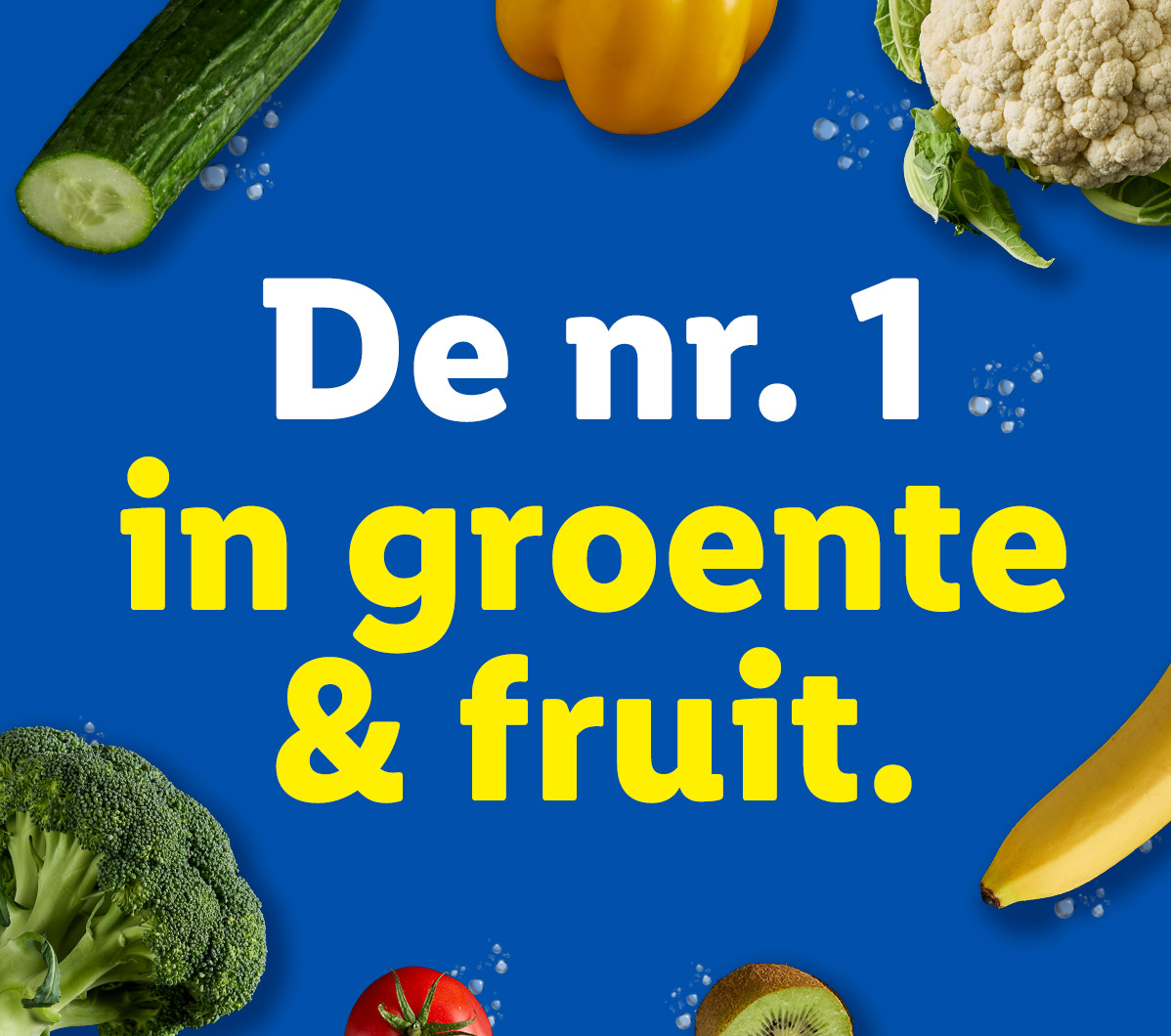 Diverse groenten en fruit op een blauwe achtergrond met de tekst: 'De nr. 1 in groente & fruit.'