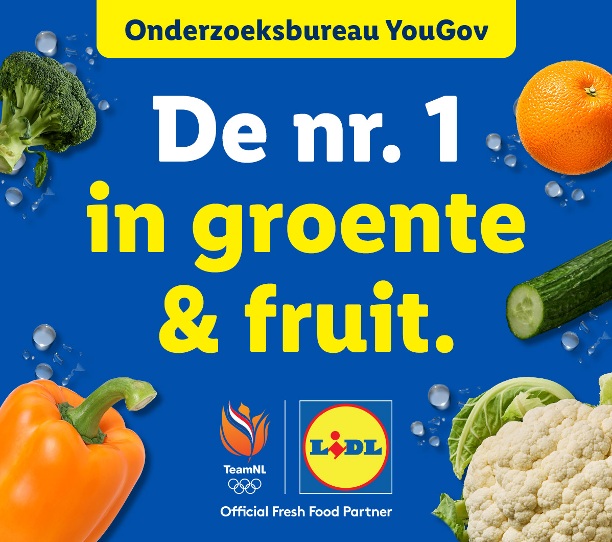 Onderzoeksbureau YouGov: Lidl is de nr. 1 in groente & fruit. Lidl is officieel fresh food partner van TeamNL