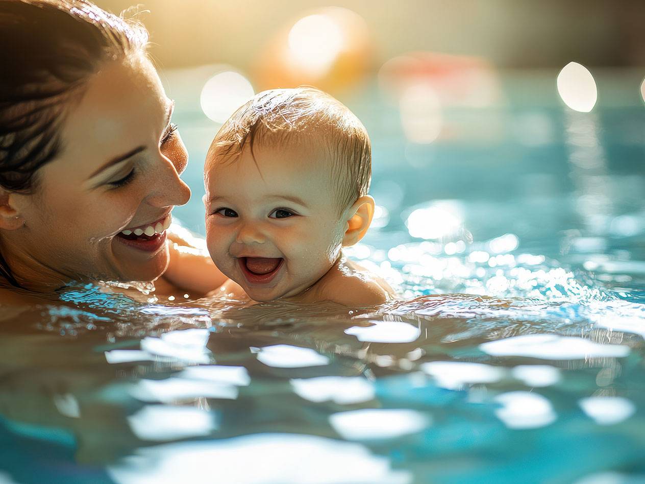 Moeder en baby zwemmen in een zwembad.