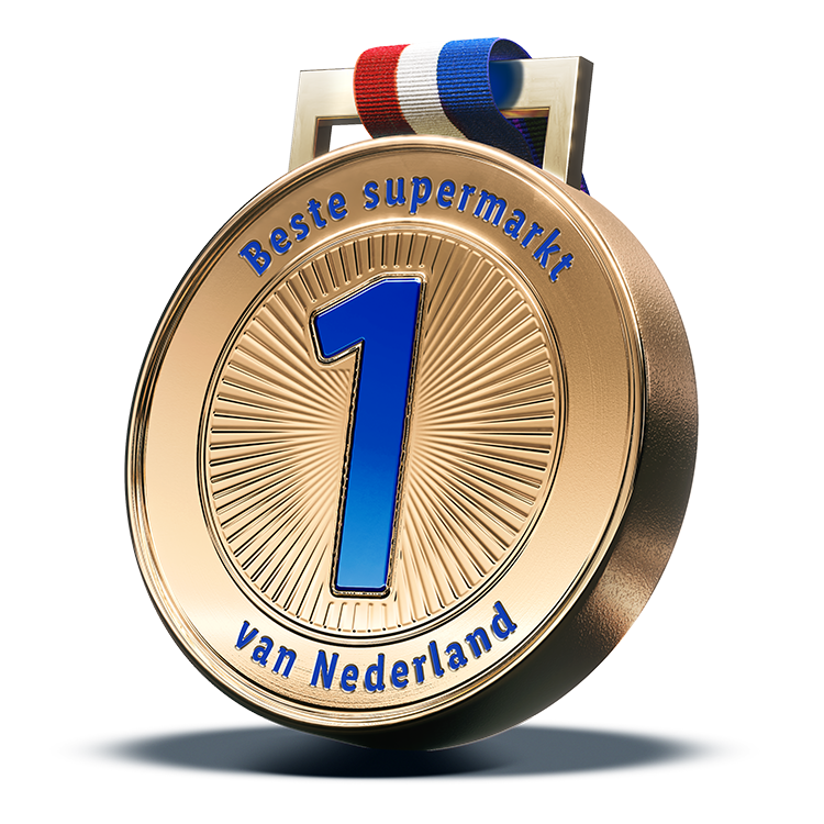 Gouden medaille met de tekst 'Beste supermarkt van Nederland' en een groot blauw cijfer 1.