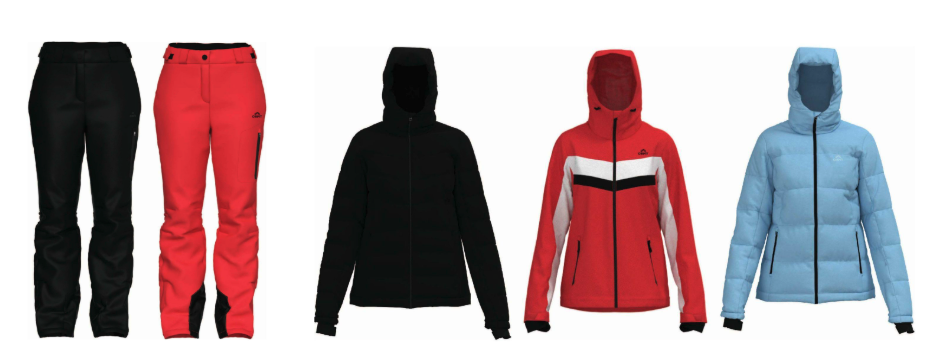 Dames skikleding bestaande uit skibroeken en ski-jassen in zwart, rood en blauw.