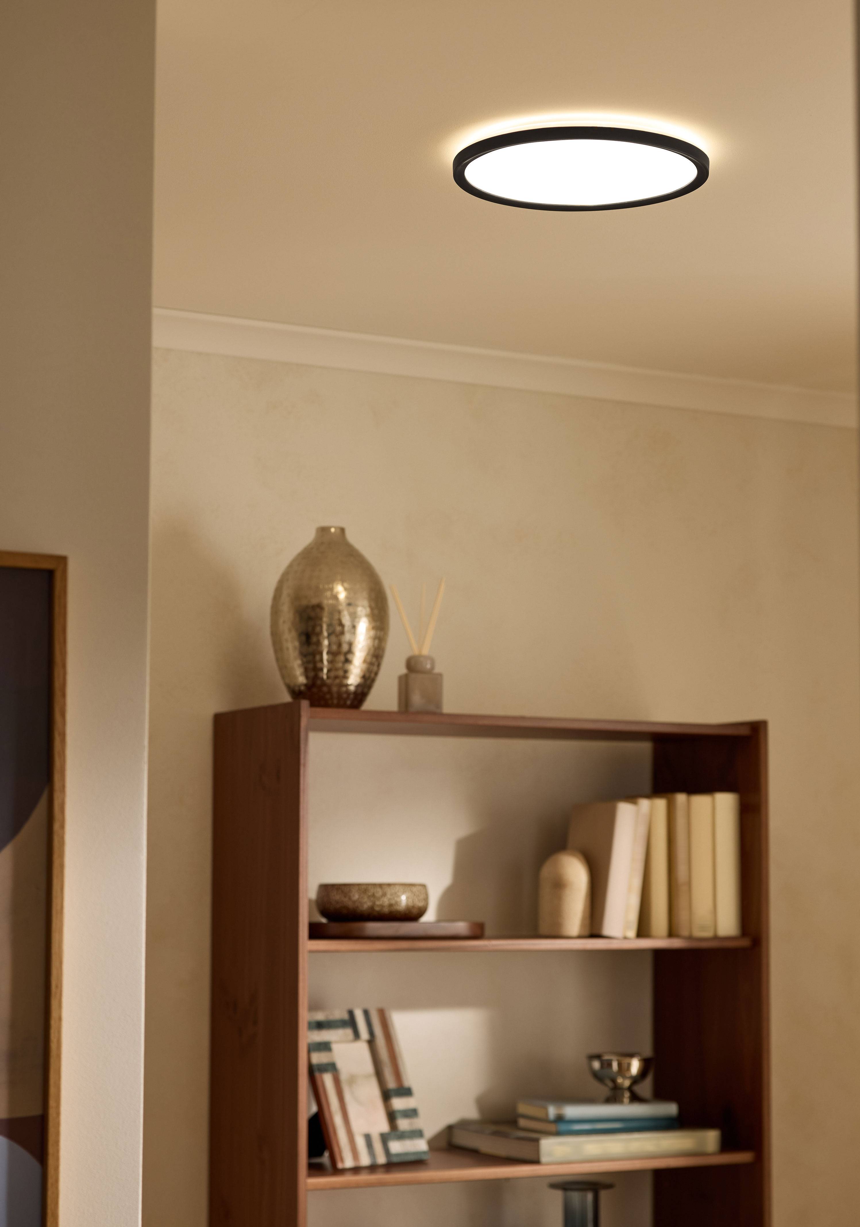 Plafondlamp verlicht een woonkamer met een boekenplank vol boeken en decoratieve items.