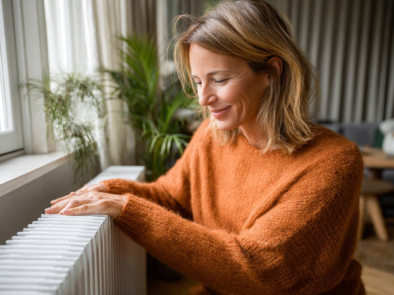 Vrouw in oranje trui verwarmt handen op een radiator bij het raam.