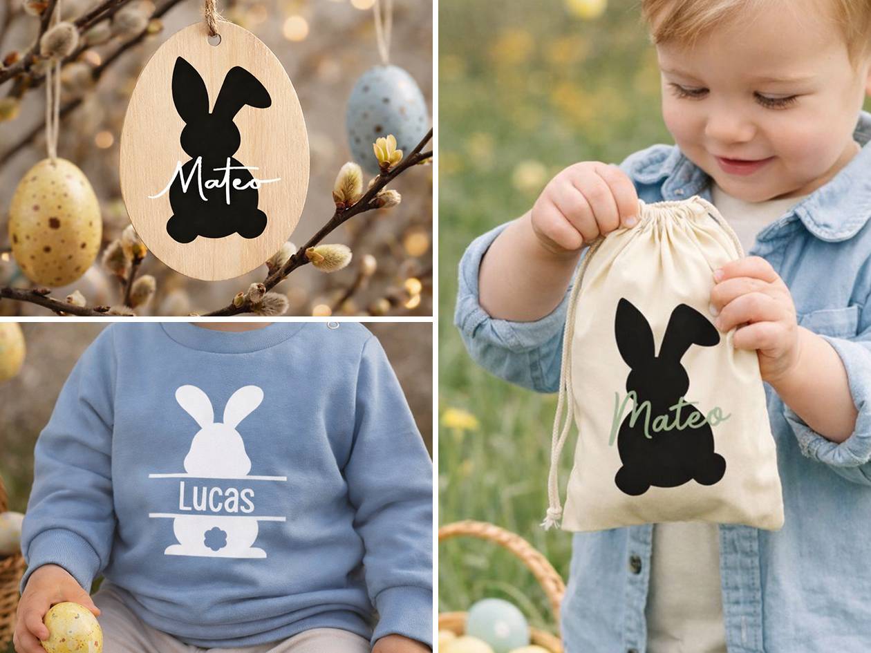 Paasdecoraties en kleding met konijnenmotieven en namen 'Mateo' en 'Lucas'.