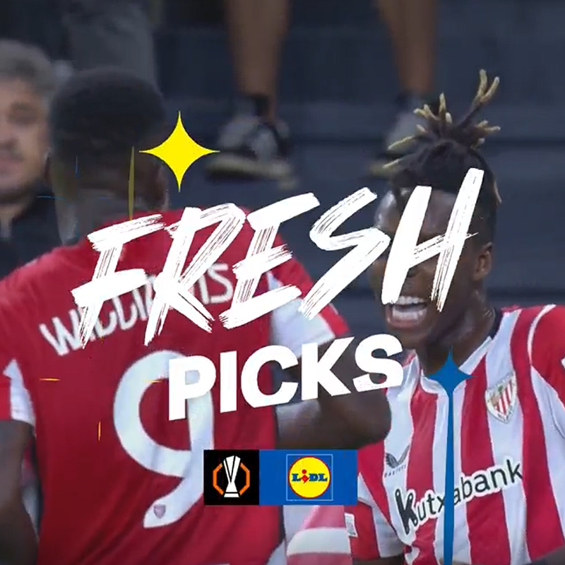 Voetballers in rood-witte shirts met de tekst 'FRESH PICKS' en het Lidl-logo.