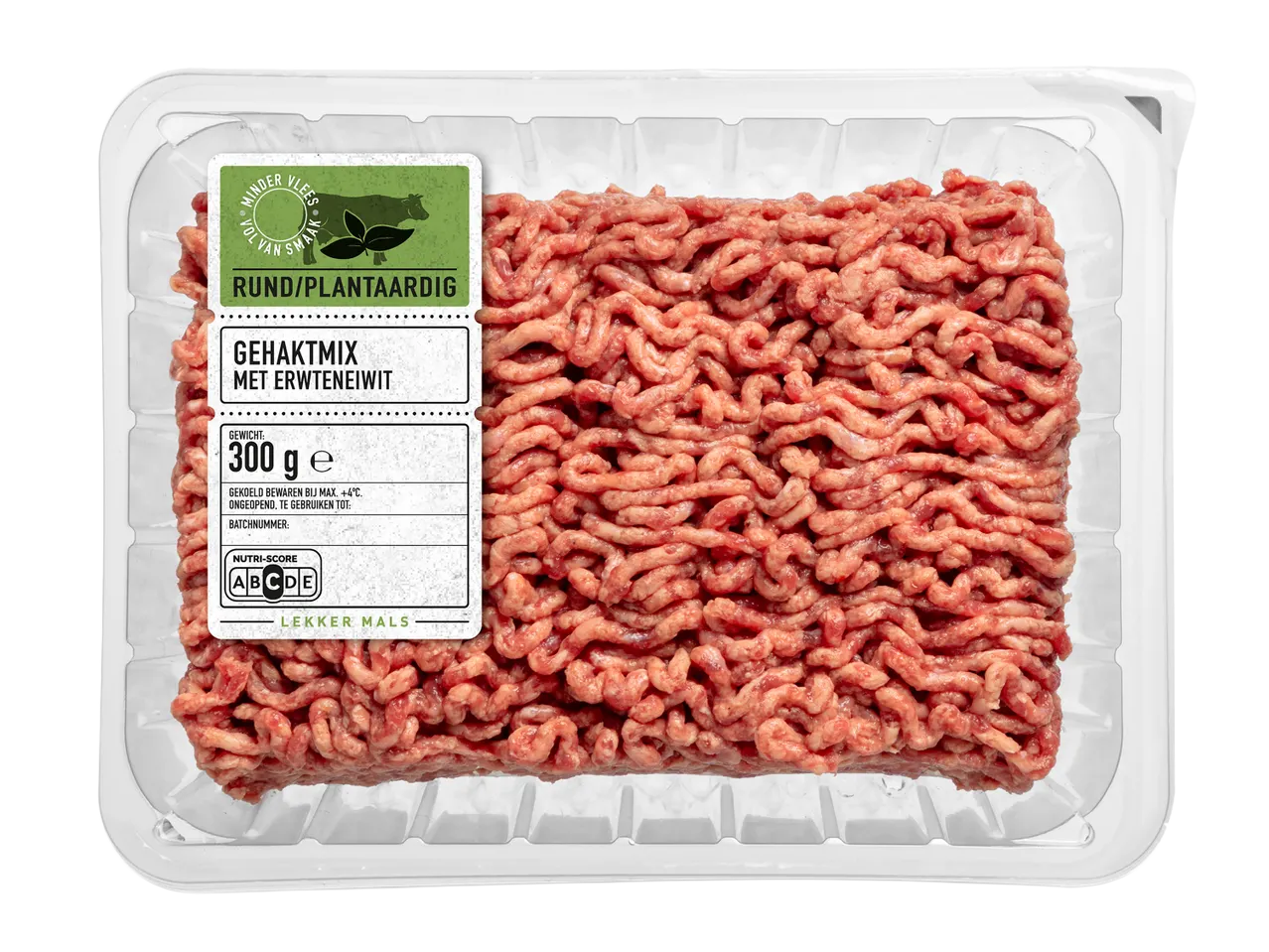 Een verpakking met rundergehaktmix en erwteneiwit, met een Nutri-Score A.