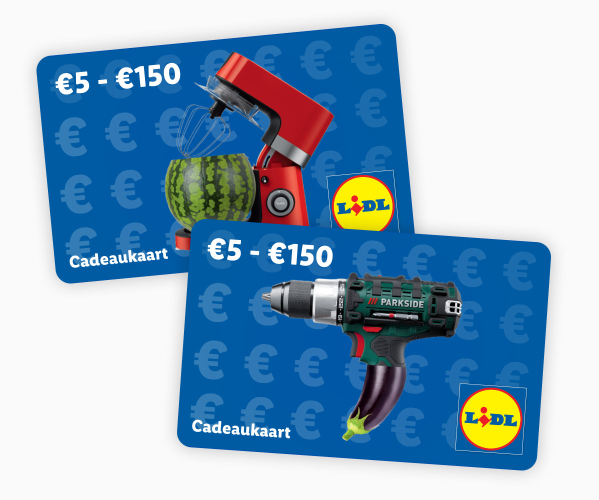 Lidl cadeaukaarten: staande mixer en Parkside boormachine.