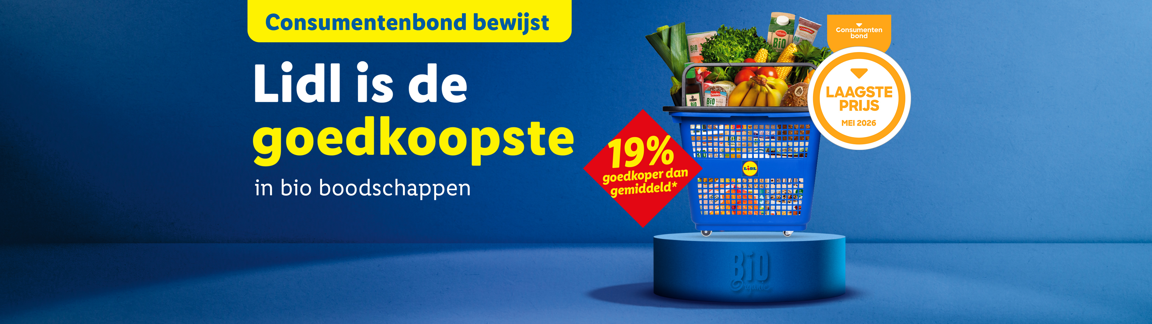 Lidl is de goedkoopste in biologische boodschappen, 19% goedkoper dan gemiddeld, met een winkelwagentje vol verse producten.