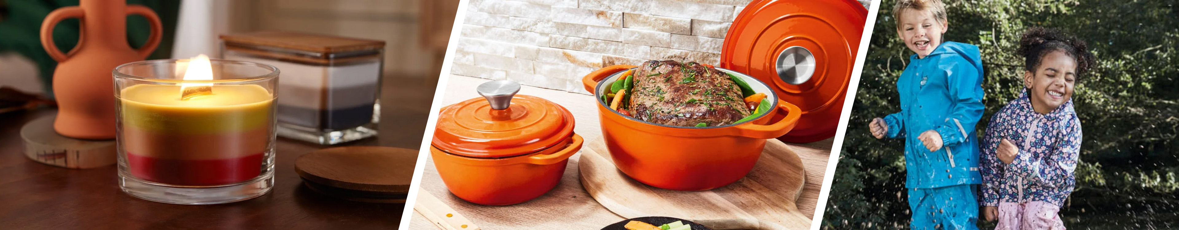 Geurkaars, oranje gietijzeren kookgerei en regenkleding voor kinderen.