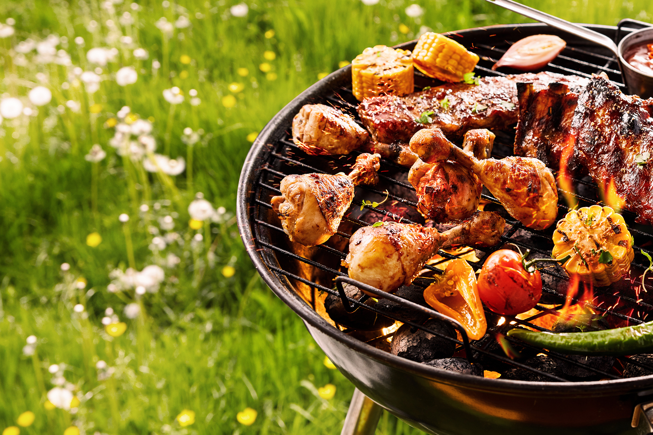 Kipdrumsticks, ribbetjes, maïs en paprika's op een barbecue in een groene weide.