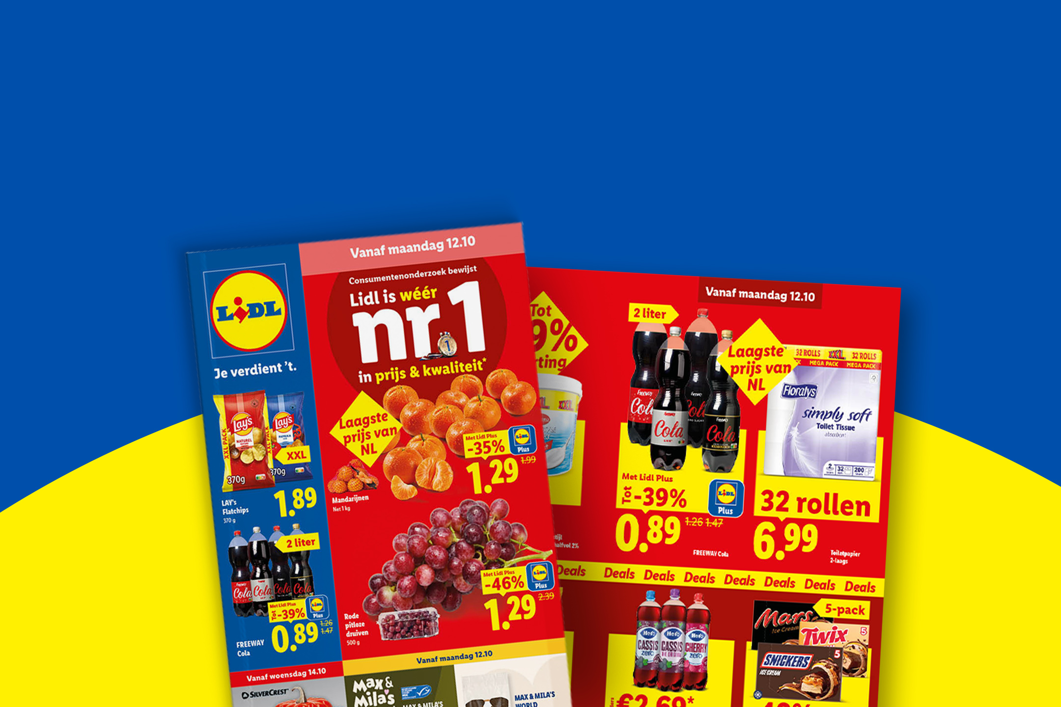 Lidl-folder met aanbiedingen voor mandarijnen, druiven, frisdrank en toiletpapier vanaf maandag 12.10.