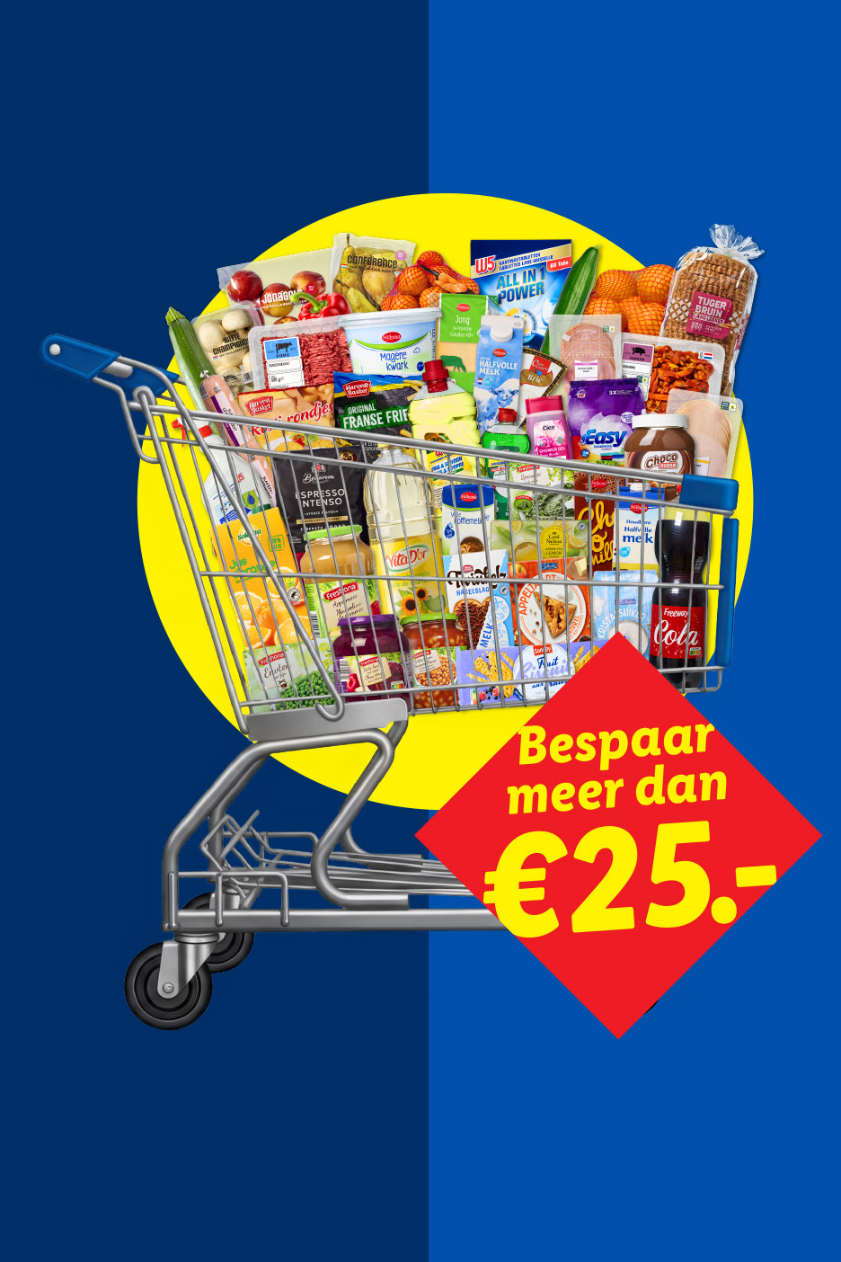 Boodschappenkar vol met diverse producten zoals fruit, zuivel, brood en frisdrank, met de tekst 'Bespaar meer dan €25.-'.