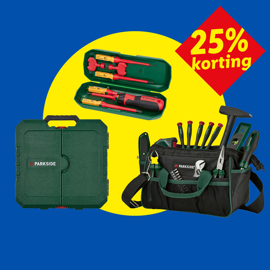 Parkside gereedschapset met schroevendraaiers, koffer en gereedschapstas met 25% korting.