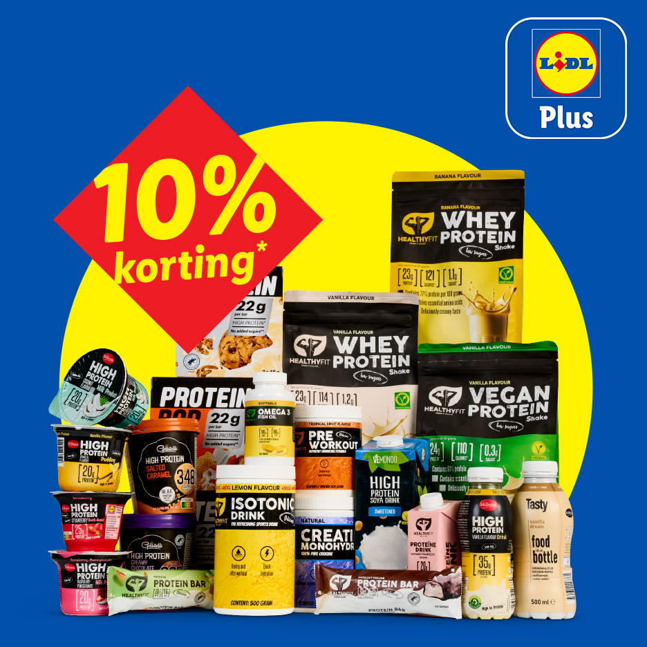 Lidl Plus aanbieding: 10% korting op diverse Healthyfit proteïneproducten, waaronder shakes, repen en dranken.