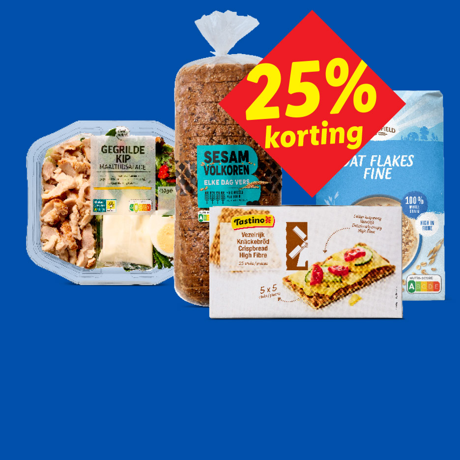 Een maaltijdsalade met gegrilde kip, volkorenbrood, knäckebröd en havervlokken, met 25% korting.