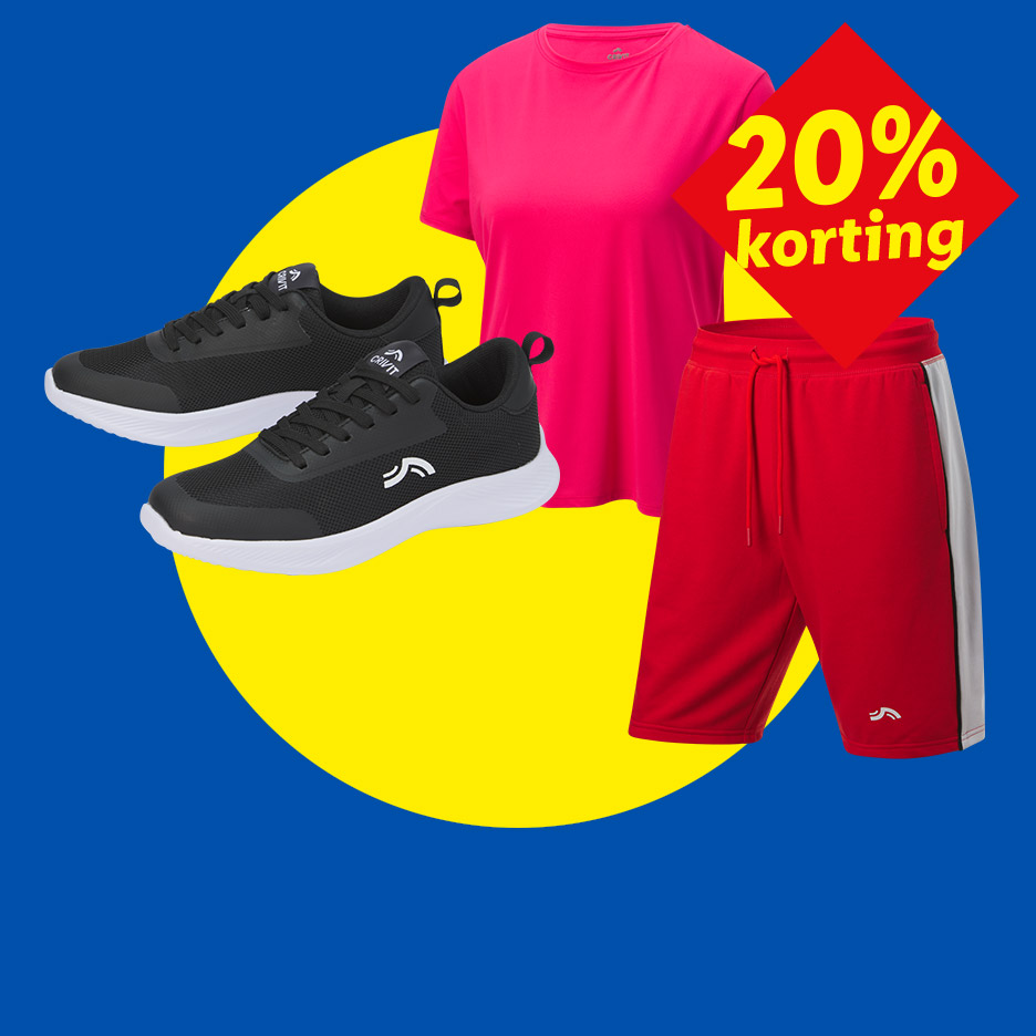 Zwarte sportschoenen, roze T-shirt en rode sportbroek met 20% korting.