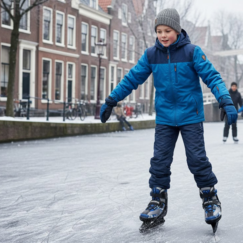 Jongen in blauwe winterjas en broek schaatst op een bevroren gracht.