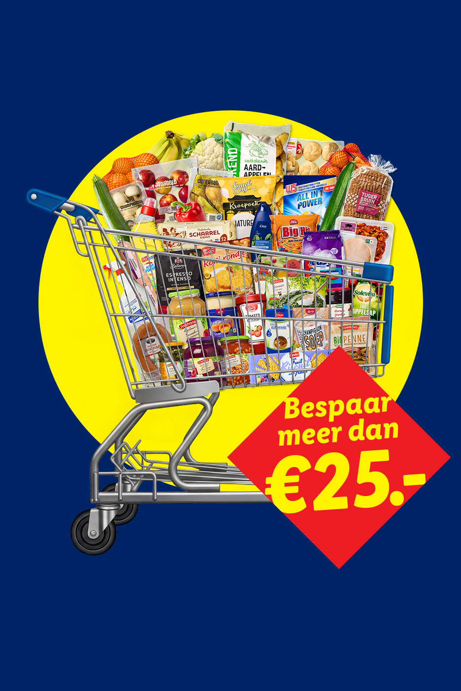 Een winkelwagen vol boodschappen, waaronder aardappelen, bananen, champignons en brood, met de tekst 'Bespaar meer dan €25.-'.