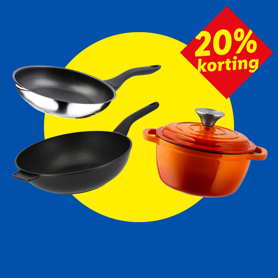 Twee pannen en een oranje braadpan met 20% korting op een blauw-gele achtergrond.