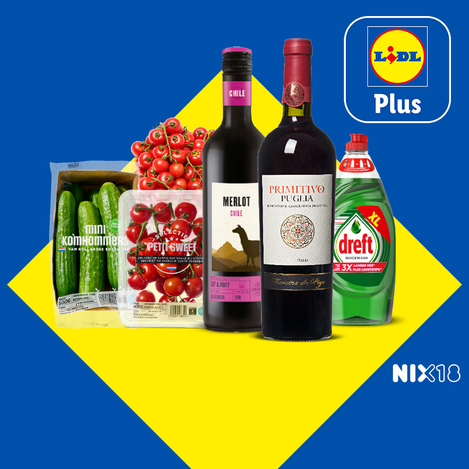 Lidl Plus aanbiedingen: rode wijn, Dreft afwasmiddel, mini komkommers en cherrytomaten op een blauw-gele achtergrond.