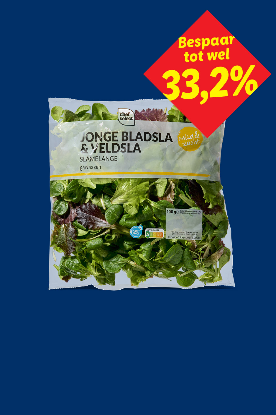 Een zak jonge bladsla en veldsla met een korting van 33,2%.