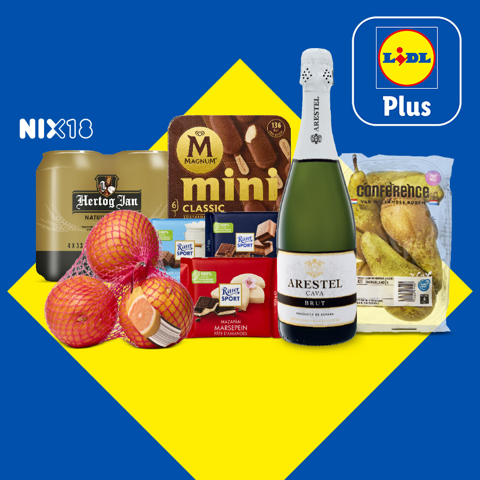 Een fles cava, een pak mini-ijsjes, bier, grapefruits, chocoladerepen en peren op een blauw-gele achtergrond.