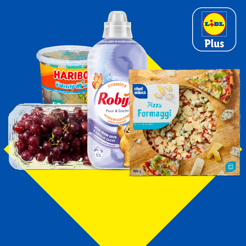 Een Lidl Plus-advertentie met wasverzachter, pizza, druiven en snoep op een blauw-gele achtergrond.