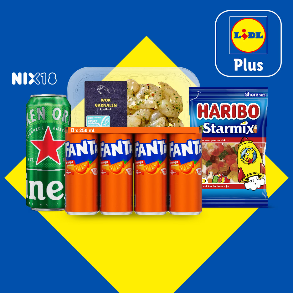 Een assortiment van frisdrank, bier, garnalen en snoep, met het Lidl Plus-logo.