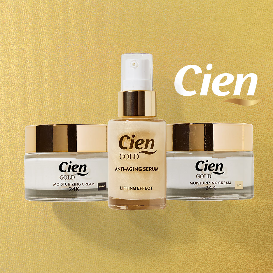 Gouden anti-aging serum en hydraterende crèmes voor dag en nacht.