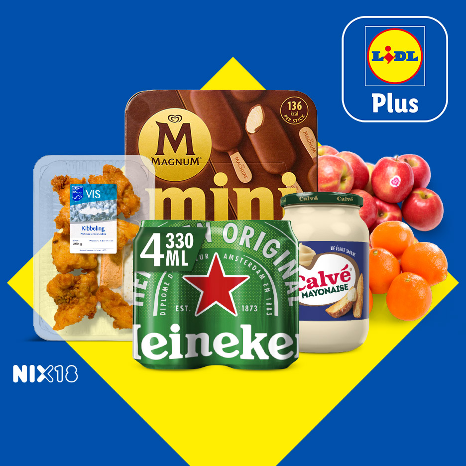 Een assortiment van diepvriesproducten, snacks, frisdrank, mayonaise en fruit, met het Lidl Plus logo.