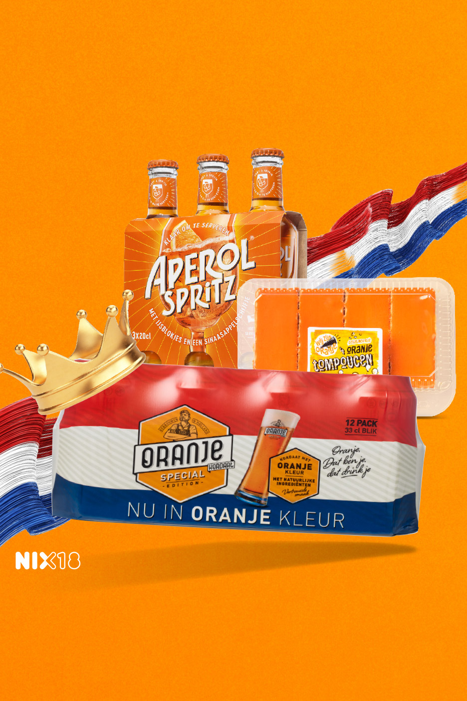 Oranje-thema producten: Aperol Spritz, tompoucen en bier, met Dutche vlag en kroon.