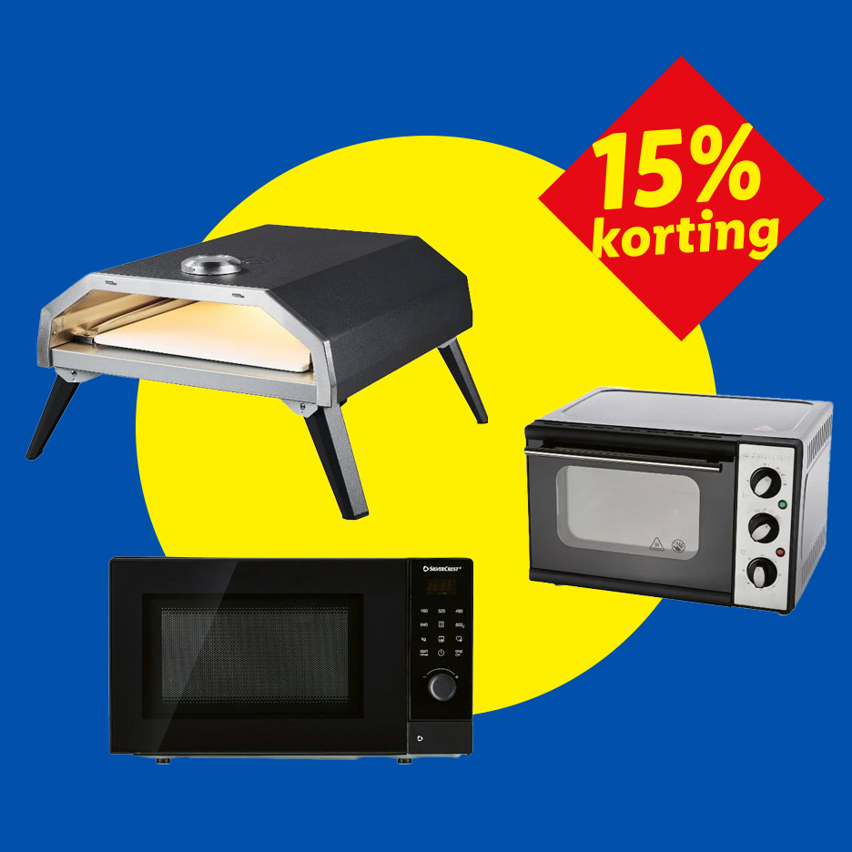 Een pizzaoven, magnetron en mini-oven met 15% korting op een blauw-gele achtergrond.