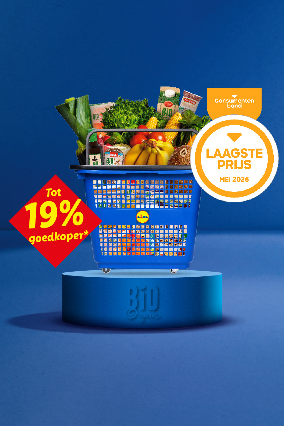 Boodschappenmand vol biologische producten, met een aanbieding van tot 19% goedkoper en de laagste prijsgarantie.