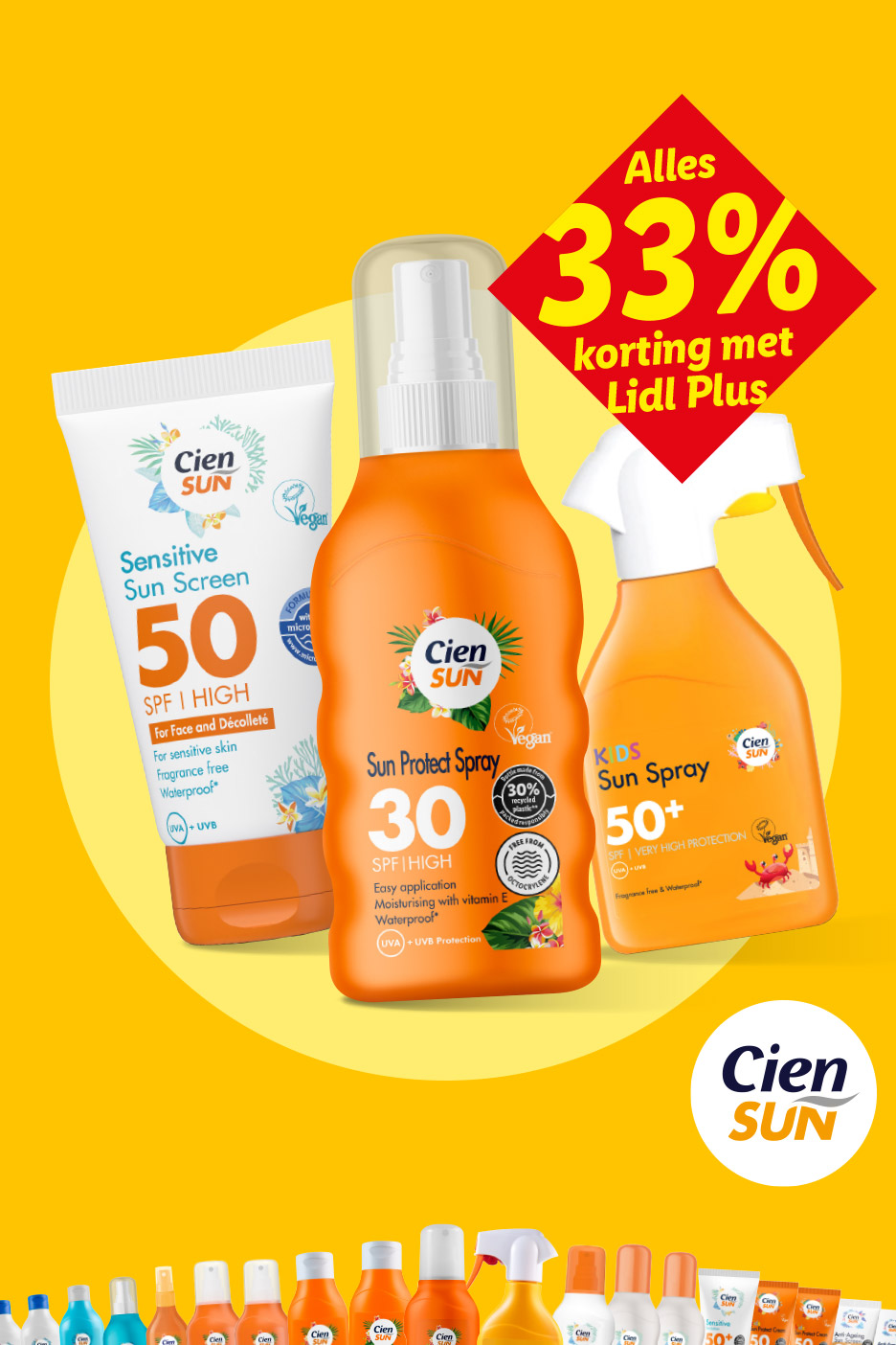 Zonnebrandcrèmes en -sprays met 33% korting voor Lidl Plus-klanten.